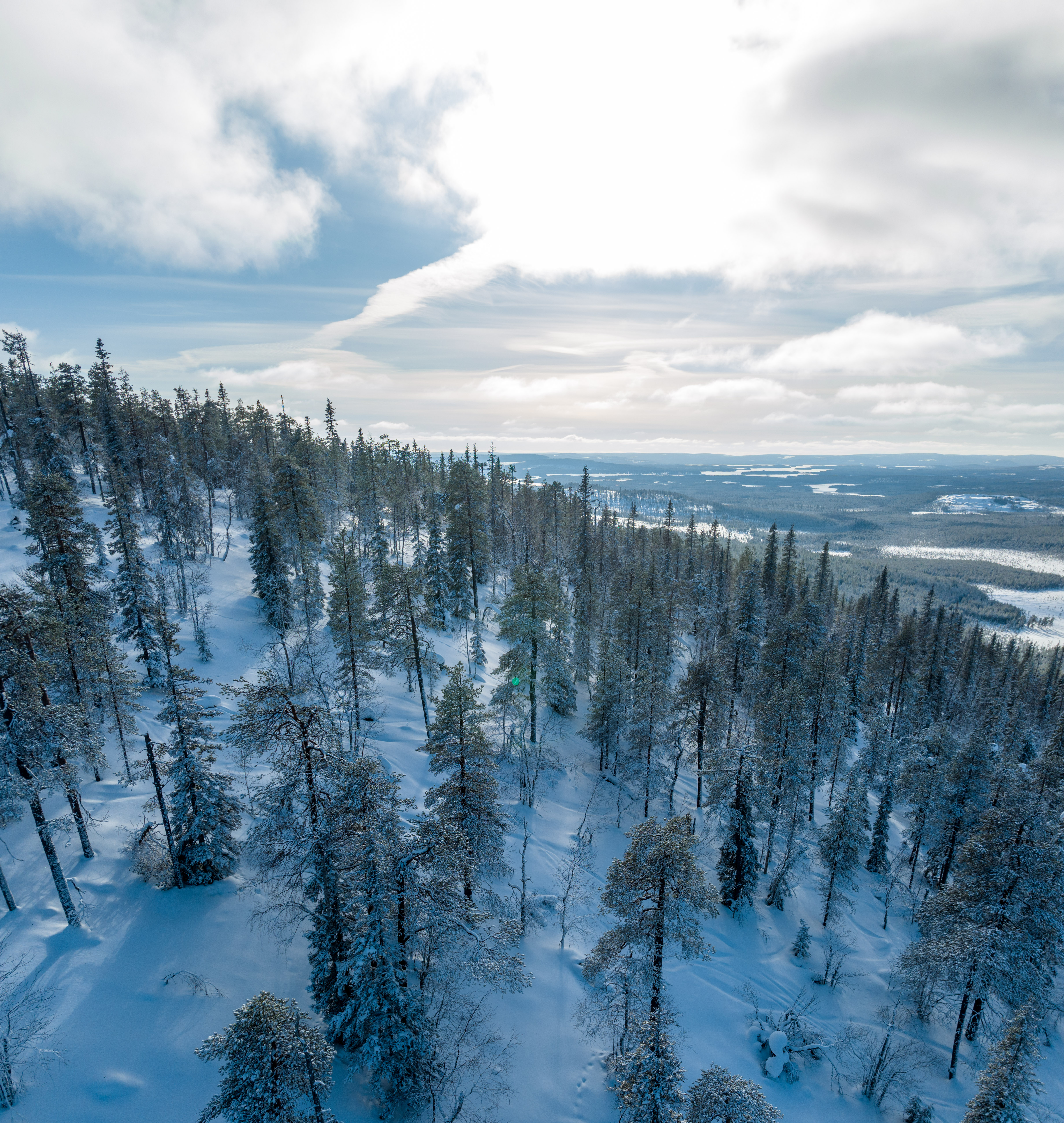 Talvinen panoraama Suomun metsä- ja järvimaisemasta