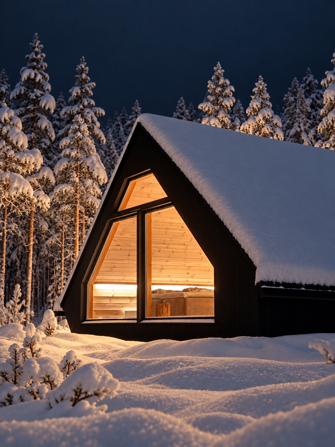Valaistu Hera Resortin revontulimökki suurine ikkunoineen lumisessa metsässä