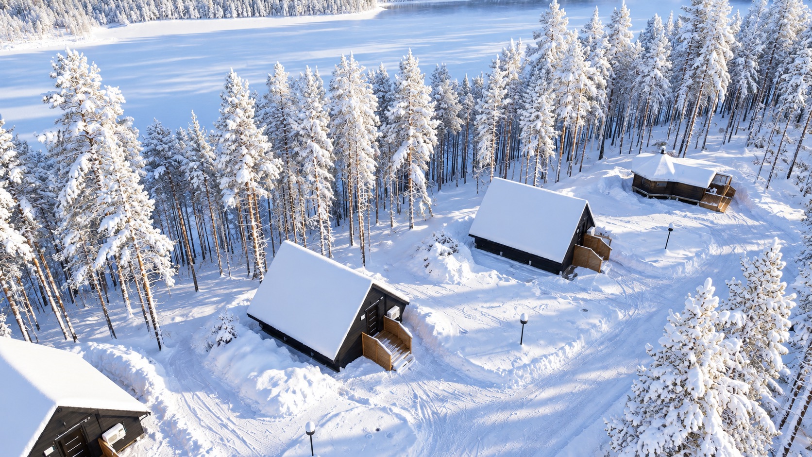 Hera Resortin mökit lumisessa mäntymetsässä Herajärven rannalla
